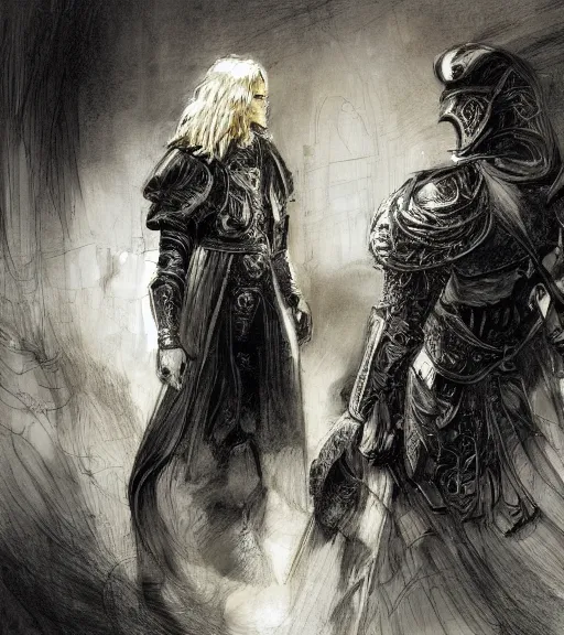 Image similar to portrait of long hair blond man in armor with another man with long blong hair tyed up with black robes, pen and ink, intricate line drawings, by craig mullins, ruan jia, kentaro miura, greg rutkowski, loundraw