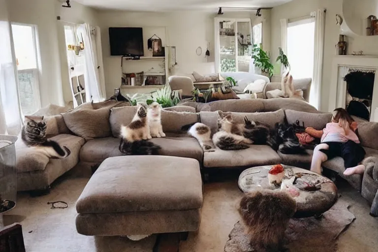 Image similar to a living room full of detailed cute kittens