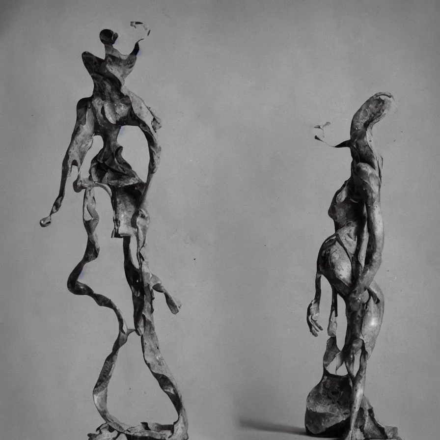 Prompt: extreme harsh lighting antique photograph of biomorphic surreal sculpture of a standing figure of a mourning survivor in an ivory cage, made of plaster and old circuitry and stained with charcoal, fractal 3 d structure, sculpted by alexander rodchenko and eva hesse, photographed by francesca woodman, tragic grainy shallow depth of field high contrast shocking detail trending on artstation 8 k