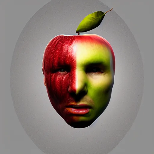 Image similar to a man's face is fused into an apple, artstation, cgsociety, 8 k