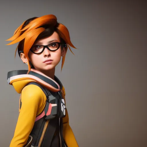 Prompt: a young girl with the appearance of tracer from overwatch, design, octane render, 4 k, ingame shot