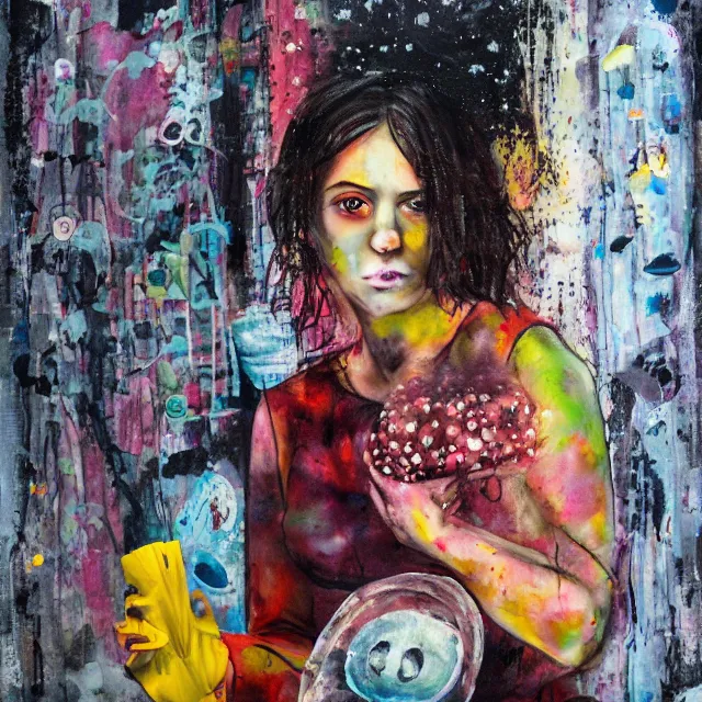 Image similar to a portrait in a dark apartment, moonlight from a window, a female art student holding a jellyfish, milk puddles, berries, broken bottles, metaphysical, neo - expressionism, surrealism, acrylic and spray paint and oilstick on canvas