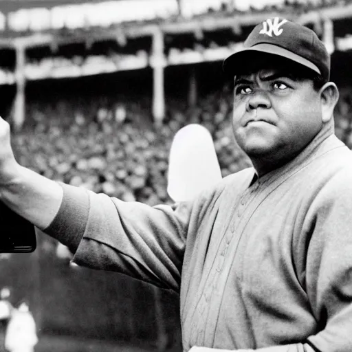 Image similar to a black and white still image of Babe Ruth taking a selfie.