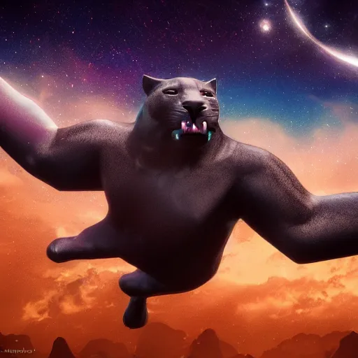 Prompt: A panther with wings holding a baby in a starry night, 3D video game, atmosphere, unreal engine 5, trending on artstation, ultra high detail, ultra realistic, cinematic, focused, 8k, art by Jack Kirby