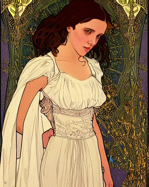 Image similar to an art nouveau painting of a girl resembling alicia vikander or millie bobby brown in a wedding dress, highly detailed, intricate, artstation, by alphonse mucha