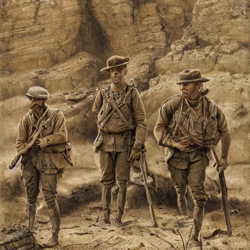 Image similar to ultra detailed photorealistic sepia - toned painting from 1 9 1 7, three british soldiers standing at an archaeological dig site in wadi rum, ultra realistic, painted, intricate details, lovecraft, atmospheric, dark, horror, brooding, highly detailed, by dave dorman