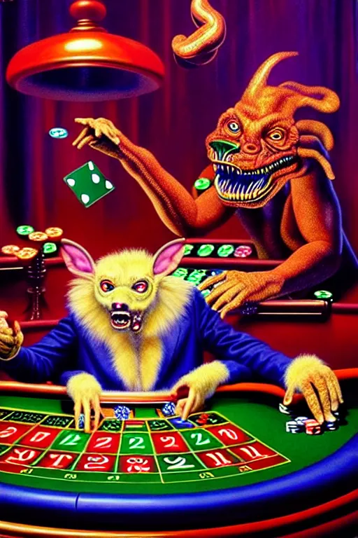 Image similar to a hyperrealistic painting of a chimeric creature playing roulette at the casino, cinematic horror by chris cunningham, lisa frank, richard corben, highly detailed, vivid color,