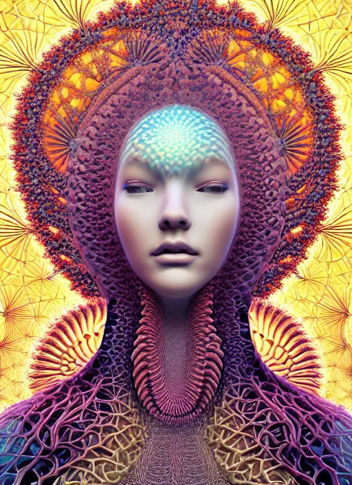 Prompt: ridiculously beautiful young woman tripping, coral fractals radiating from head with sacred geometry, natural, dimensions, symmetrical, in the style of ernst haeckel, effervescent, warm, photo realistic, epic and cinematic,