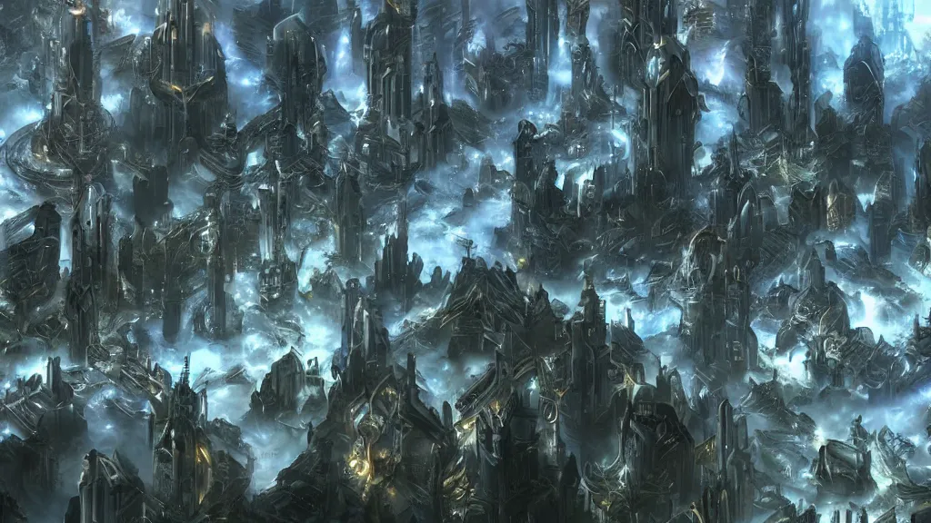 Image similar to a city that looks like protoss from starcraft 2