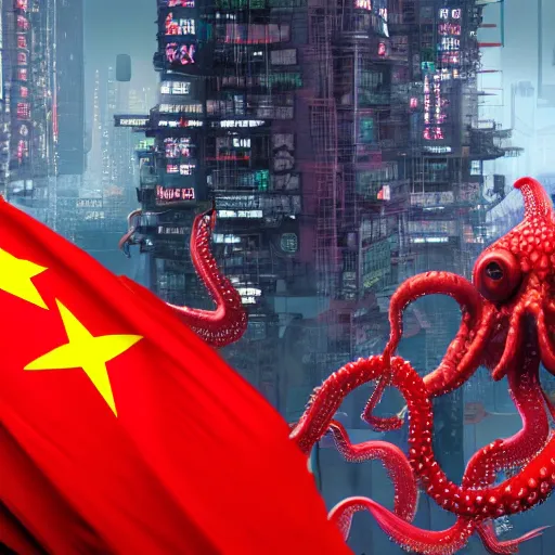 Prompt: Illustration of the Chinese communist party as a dirty octopus with lots of tentacles, dystopian, dirty, 3d shaded, cyberpunk, volumetric lighting, cgsociety, octane render, imax, highly detailed, 8k, hyperrealism