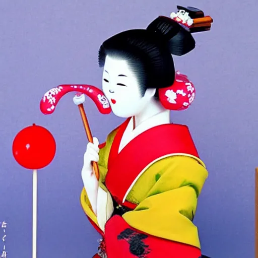 Image similar to photograph of a young maiko licking a lolipop, realistic, red highlights, portrait,detailed,