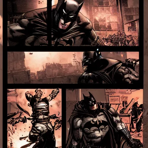 Image similar to Comic book page of Batman from Batman Arkham Knight fighting goons in a dark alley, dark atmosphere, ominous, menacing