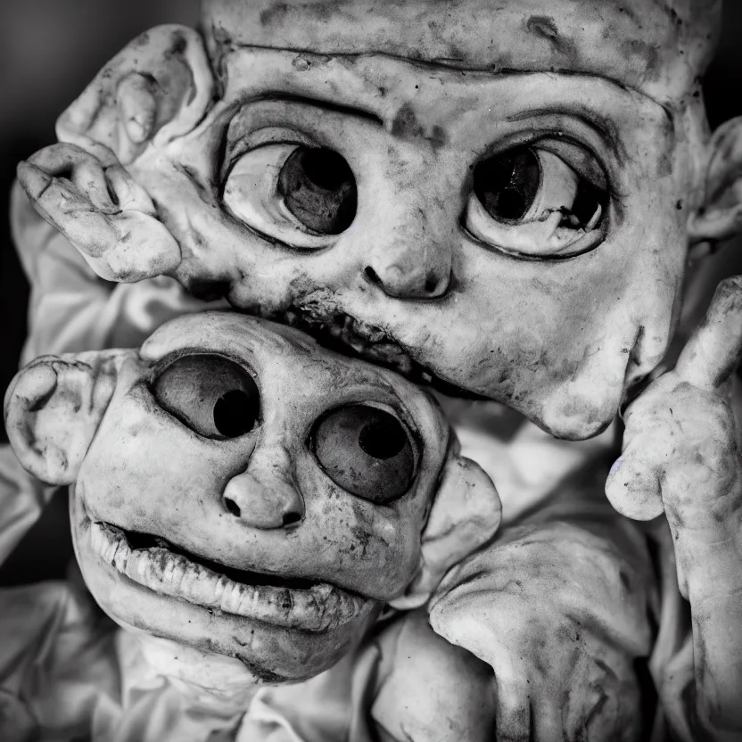 Image similar to creepy ventriloquist dummy in the style of roger ballen, 4 k, bw, portrait