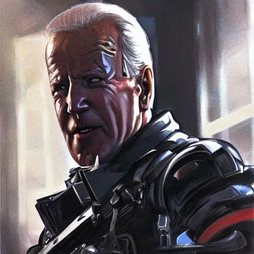 Image similar to joe biden as an evil T-800, dramatic lighting, cinematic, establishing shot, extremly high detail, photorealistic, cinematic lighting, artstation, style by James Gurney