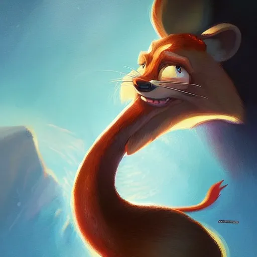 Prompt: A big nosed cartoon weasel ,cinematic lighting, well done,award winning, beautiful painting by rossdraws and greg rutkowski,ambient art,looney tunes,detailed face,no derp,beautiful painting, portrait