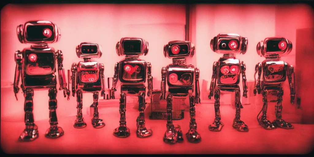 Prompt: analog vintage photography portrait polaroid of futuristic chrome robots, 2 d sprites, red color bleed, heavy film grain, bloom, glow