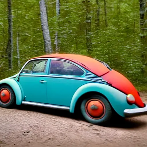 Image similar to promotional scifi - mystery movie scene of a real ladybug that is a hybrid with a ( volkswagen beatle ) hybrid that's more ladybug, racing down a dusty back - road in smokey mountains tennessee. cinematic, 4 k, imax, 7 0 mm, teal autochrome, hdr