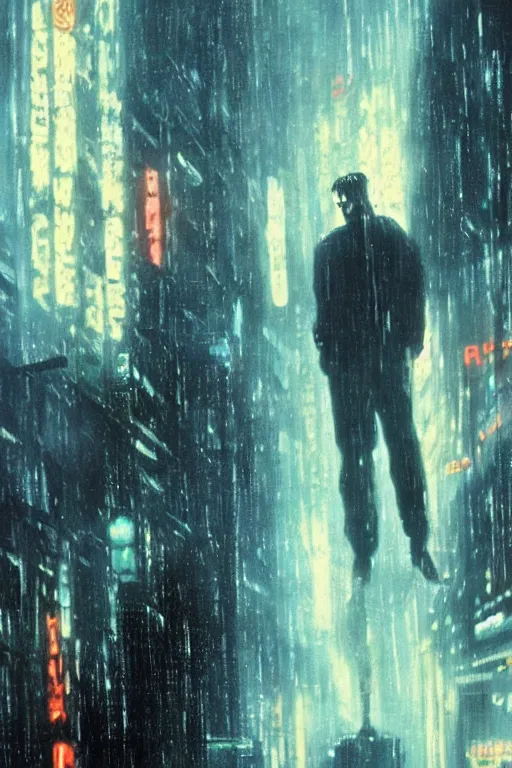 Image similar to a moving painting of the final scene of blade runner where replicant roy batty realizes the very absurdity of life when all memories will be lost in time like tears in the rain, in the style of blade runner, ridley scott