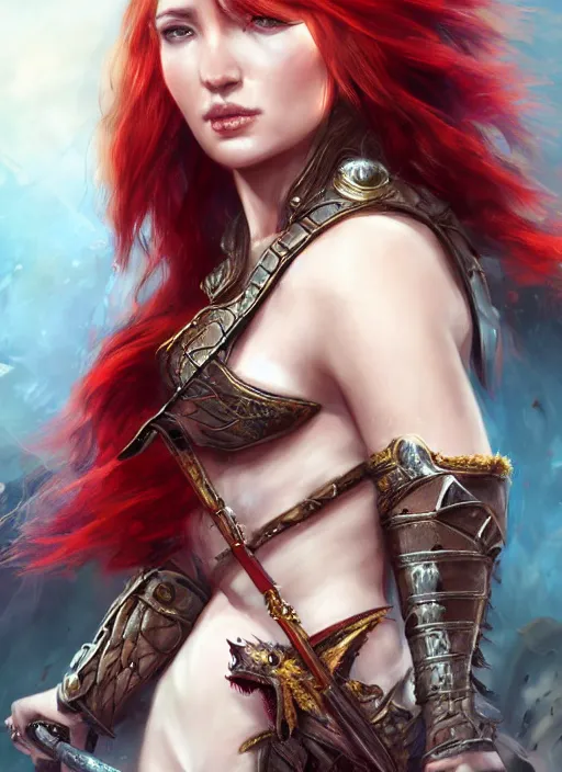 Image similar to a beautiful female warrior, 8 k, hyperrealistic, red hair, dragon slayer, hyperdetailed, fantasy portrait by laura sava