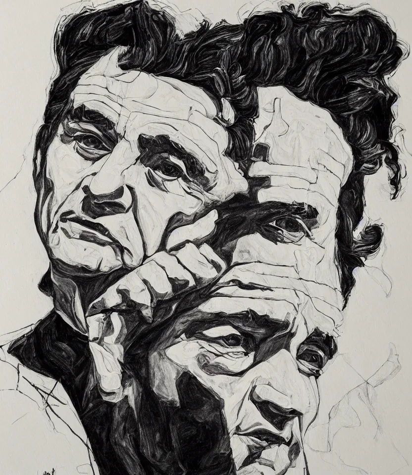 Image similar to elegant line art portrait of johnny cash, inspired by egon schiele. contour lines, graphic musicality, twirls, curls, curves, strong confident personality