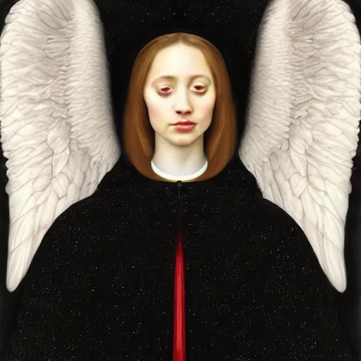 Image similar to highdetailed hyperrealistic painting of white angel!!! no gender!!!, giant ball of miracle light from the chest!!!!!, everywhere, 4 k hd fur face!!!, in the hood, big wings, by jan van eyck, holography space, white sparkles, glow effect, large strokes, white monochrome color!!!!!