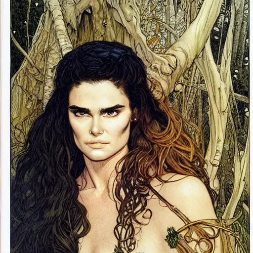 Image similar to a realistic, very beautiful and atmospheric portrait of young brooke shields aged 2 0 as a druidic warrior wizard looking at the camera with an intelligent gaze by rebecca guay, michael kaluta, charles vess and jean moebius giraud