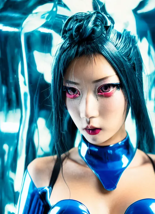 Image similar to a close-up risograph long shot of cyberpunk japanese model girl with black eyes and pretty face wearing latex catsuit and lots of transparent and cellophane accessories, blue hour, twilight, cool, portrait, Kodachrome, ISO1200,