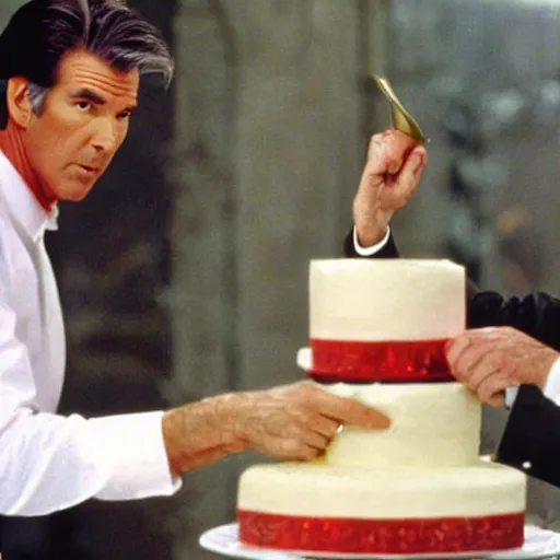 Prompt: pierce brosnan force - feeding a skinny woman with cake