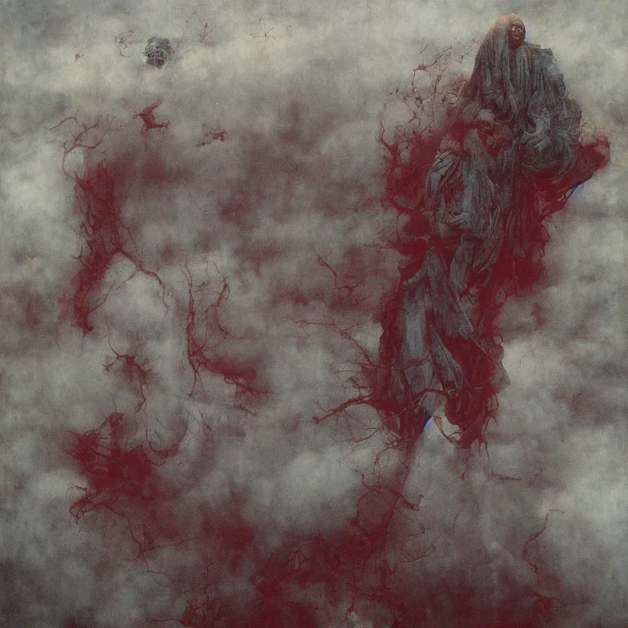 Prompt: a antichrist in clouds of atmospheric mist, high detailed beksinski painting, by adrian ghenie and gerhard richter. art by takato yamamoto. masterpiece, deep colours.