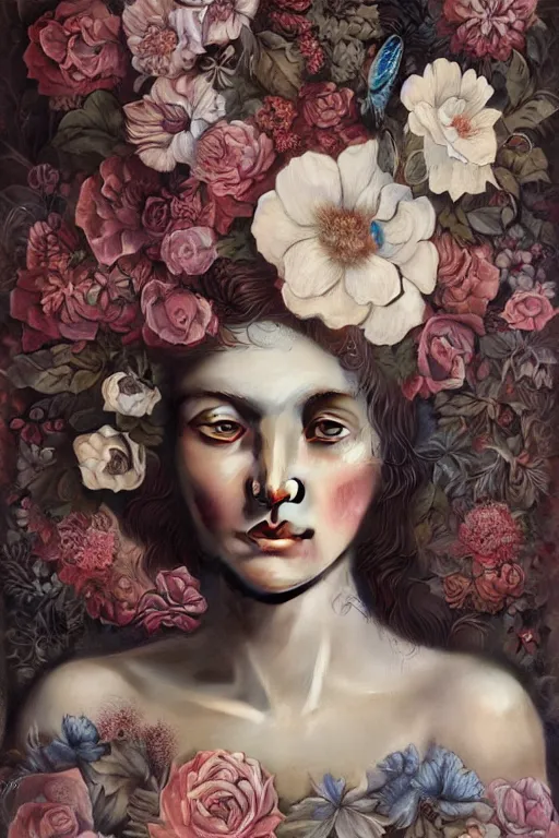 Prompt: portrait of woman with floral background : : by elena masci, tom bagshaw, giuseppe arcimboldo, melanie delon : : digital art, portrait, illustration, photorealism, hyperrealism, hyper - maximalist, surrealism, negative space, intricate detail, line work, muted, natural tones, weta, wlop, deviantart, imaginefx