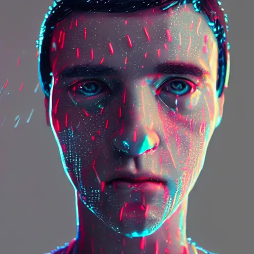 Image similar to a human made out of rain, neon, rendered in octane, unreal engine, highly detailed, realistic, beautiful, emotional, unique