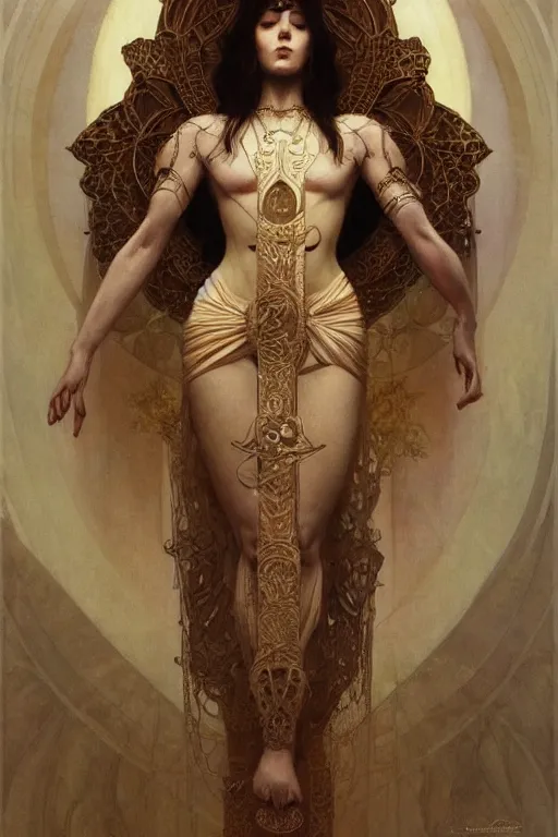 Prompt: a full body portrait of a beautiful ethereal delicate babylonian mage queen meditative sacral pose catholic stages of the cross, intricate, elegant, highly detailed, digital painting, artstation, concept art, smooth, sharp focus, illustration, art by krenz cushart and artem demura and alphonse mucha