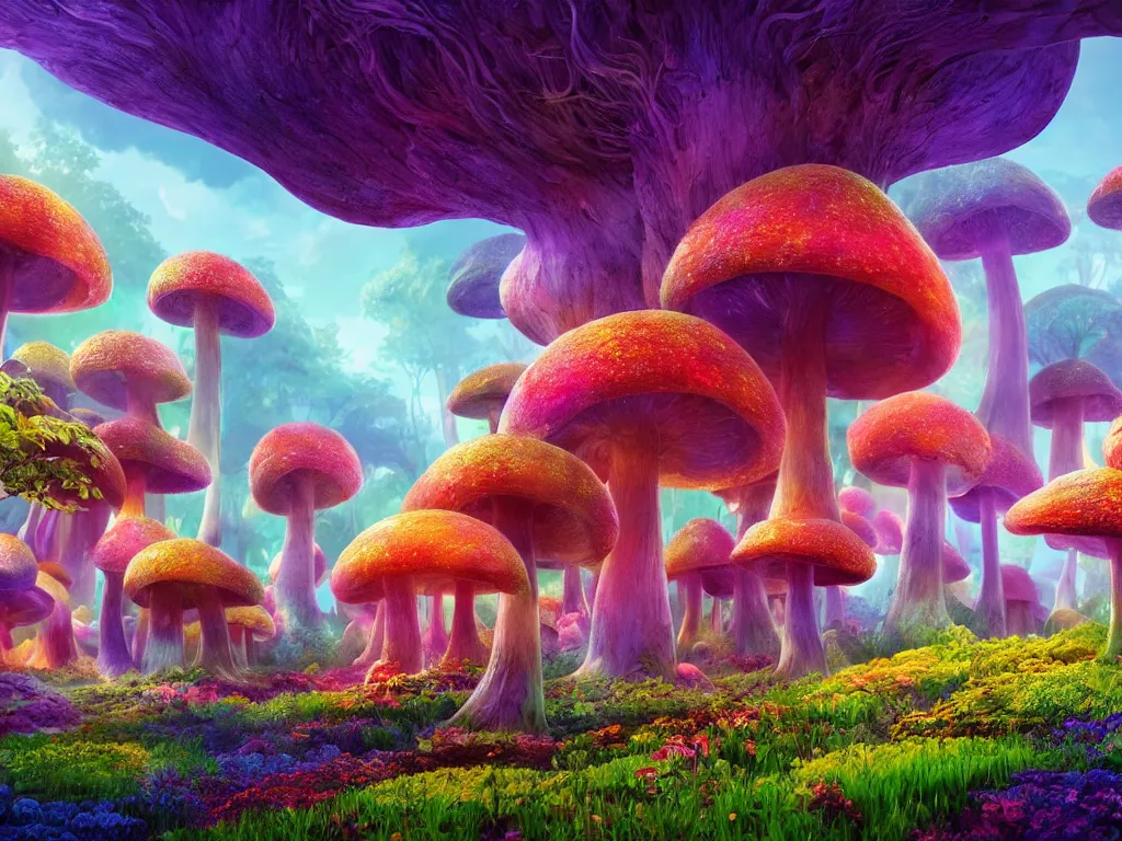 Image similar to a beautiful otherworldly fantasy landscape of giant luminous mushroom trees forming canopies over bright colorful mythical sprouted floral plants and colorful foliage on the ground, like alice in wonderland, extreme detail, studio ghibli and pixar and abzu, rendering, cryengine, deep color, vray render, cinema 4 d, cgsociety, bioluminescent