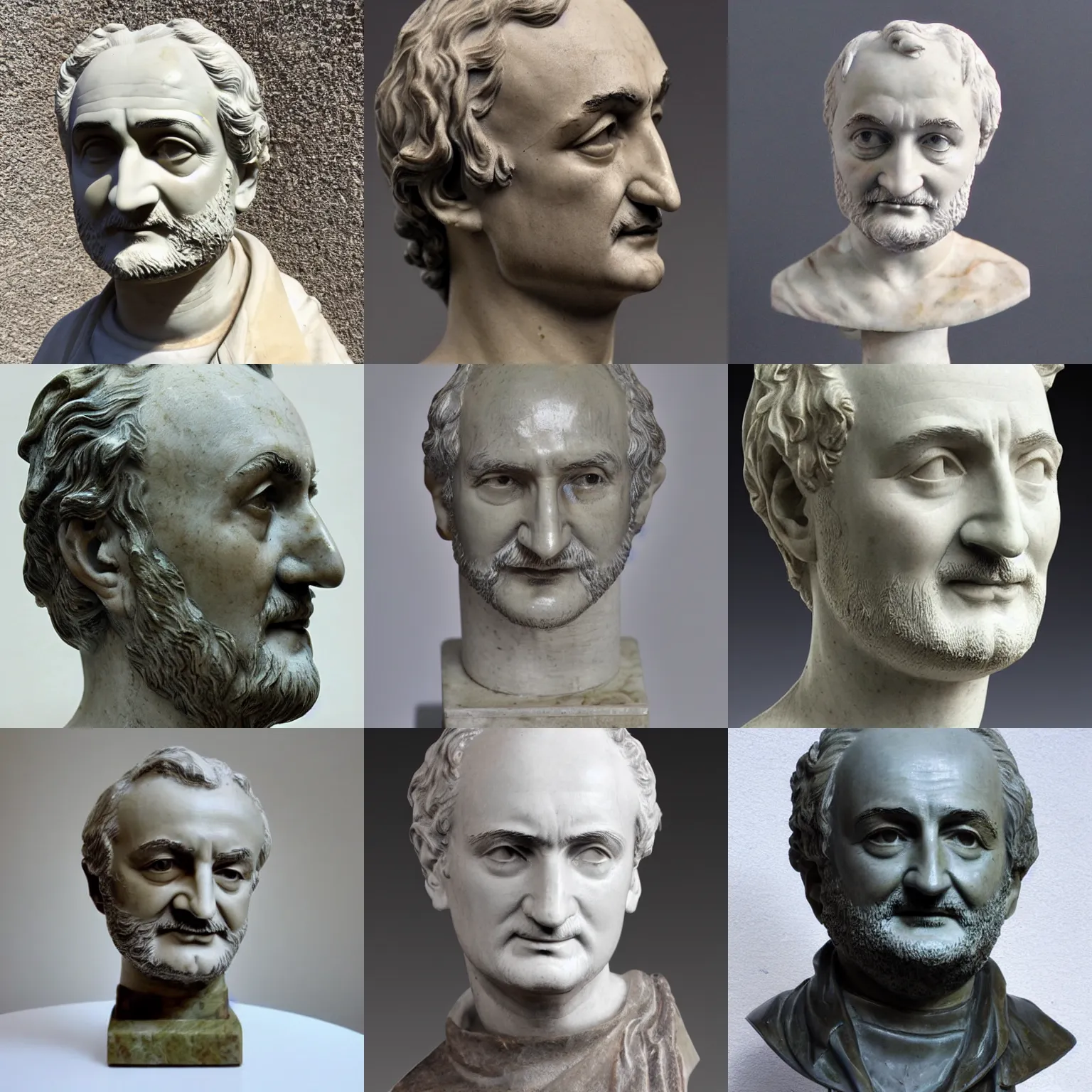 Prompt: antique marble statue of jacques attali, 1 / 4 headshot, portrait