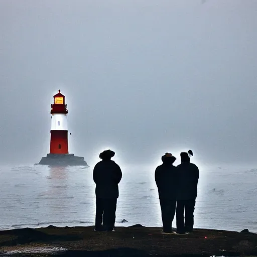 Prompt: sailors spotting a lighthouse in thick fog