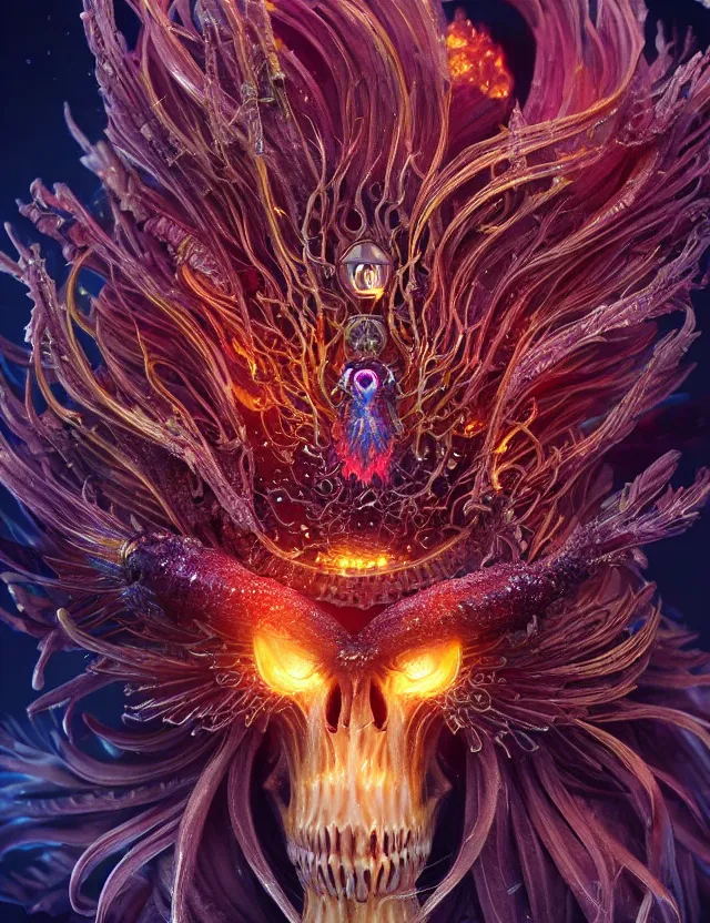 Image similar to witch phoenix macro close - up portrait with crown made of ram skull. phoenix, betta fish, jellyfish, plasma, ice, water, wind, creature, super intricate ornaments artwork by tooth wu and wlop and beeple and greg rutkowski