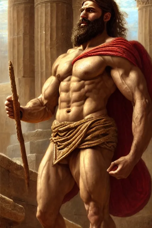 Prompt: ancient spartan gigachad hero in ancient courtyard, wearing a toga, babylonian beard, herculean bulging muscular figure, beautiful gigachad, soft lighting, highly detailed face!!, sharp focus, artstation, sophie anderson, arnold armitage, loish, thomas kinkade