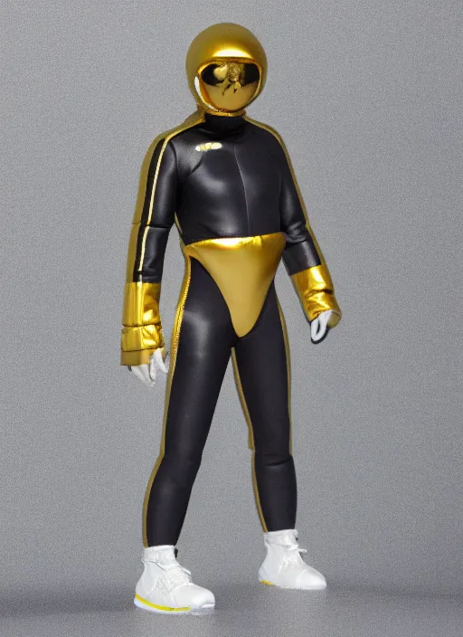 Prompt: accurate detailed pvc inflated gold & teal colored puffy action figure fashion god, full body, futuristic, concept art, character only, detailed art, adidas streetwear, figurine!!!, studio lighting, grey background, no shadow, trending on artstation, 4 k, sharp, highly - detailed, focus on face!!!