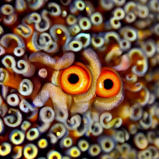 Image similar to fiery whimsical emotional eyes cephalopod, in a photorealistic macro photograph with shallow dof