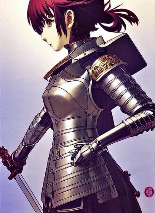 Prompt: katsuhiro otomo, ilya kuvshinov anime female knight in ornate armor, last exile, murata range, fine detail, perfect, dramatic lighting, dynamic composition, art deco, cel shading, vivid, rich texture, alphonse mucha, ( ( ( colorful ) ) ), ( ( ( yoshinari yoh ) ) ),