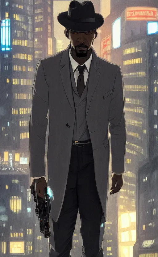 Prompt: a handsome black detective wearing a gray fedora, suit, and trench coat, holdind a blaster, standing in a night futuristic city, film noir, highly detailed, digital painting, artstation, cinematic lighting, in style of ilya kuvshinov, wlop, alphonse mucha, yoji shinkawa, anime aesthetic
