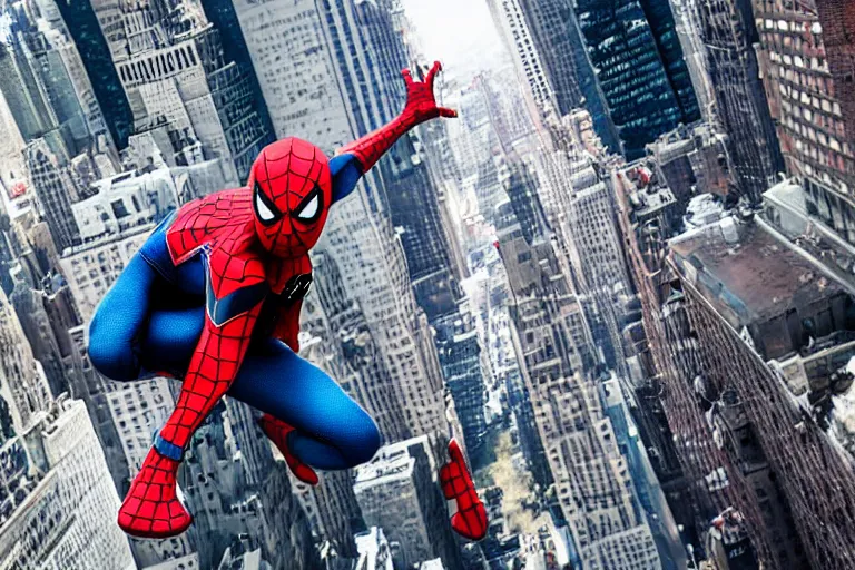 Prompt: Spider-Man swinging through New York by Emmanuel Lubezki