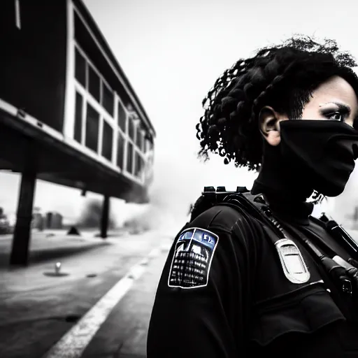 Image similar to Candid extreme wide shot of a poor techwear mixed woman with short hair and tattoos outside of a futuristic Los Angeles on fire, a police MRAP on fire, cyberpunk, 4k, extreme long shot, desaturated, full shot, action shot, motion blur, depth of field, sigma 85mm f/1.4, high resolution, 4k, 8k, hd, full color, award winning photography, war photography