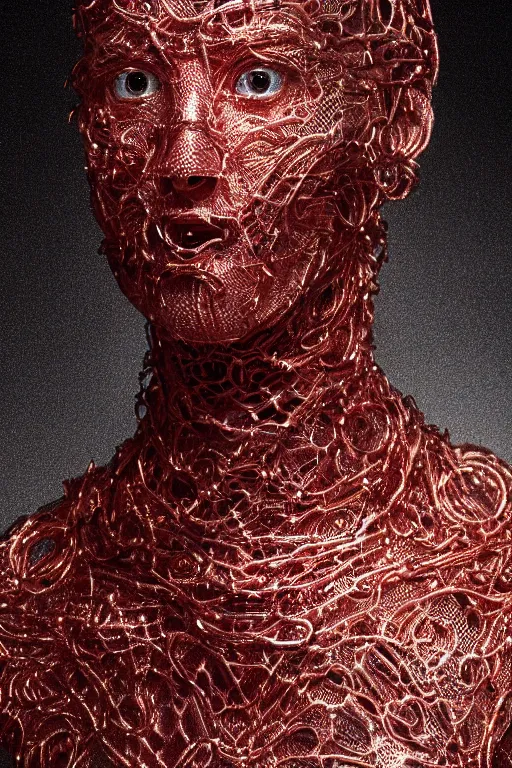 Prompt: Cinestill of A heartbreaking realistic 8k Bernini Sculpture of a complex robotic human face, liquid simulation background, dramatic lighting, silver gold red details, hexagonal mesh wire, filigree intricate details, cinematic, fleshy musculature, elegant, octane render, 8k post-processing, by Yoshitaka Amano, Daytoner, Greg Tocchini