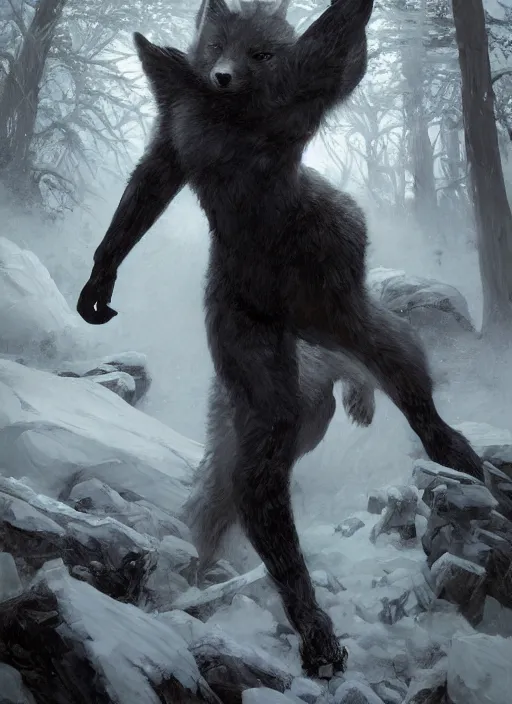 Image similar to character concept portrait of a bipedal Arctic Fox, dark fur, Paladin with in full metal armor with a sword and shield, a blizzard drifts through the forest behind her, intricate, elegant, digital painting, concept art, smooth, sharp focus, illustration, from Metal Gear, by Ruan Jia and Mandy Jurgens and William-Adolphe Bouguereau, Artgerm