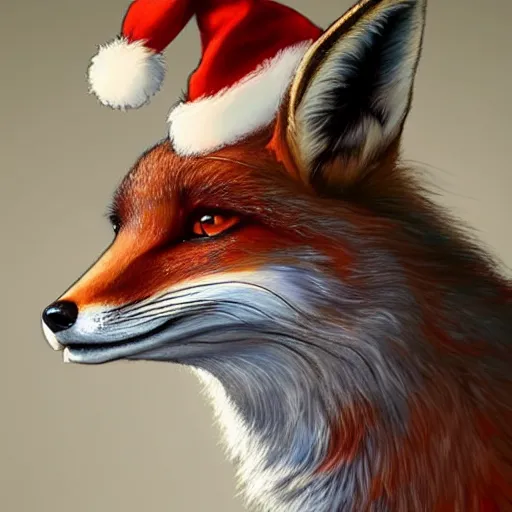 Image similar to perfectly-centered-Portrait-full-shot of a fox, wearing a santa hat, intricate, elegant, super highly detailed, professional digital painting, artstation, concept art, smooth, sharp focus, no blur, no dof, extreme illustration, Unreal Engine 5, 8K, art by artgerm and greg rutkowski and alphonse mucha and loish and WLO