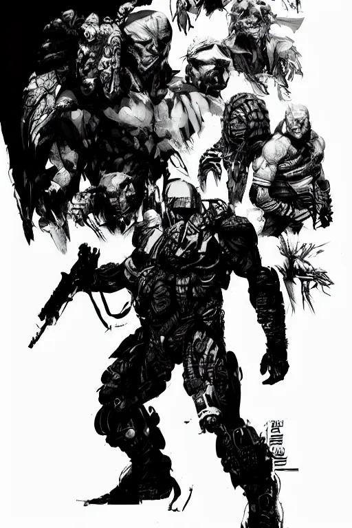 Prompt: predator concept art by yoji shinkawa, character concept sheet, white background, ink, trending on artstation, sharp focus, illustration, concept art, 8 k