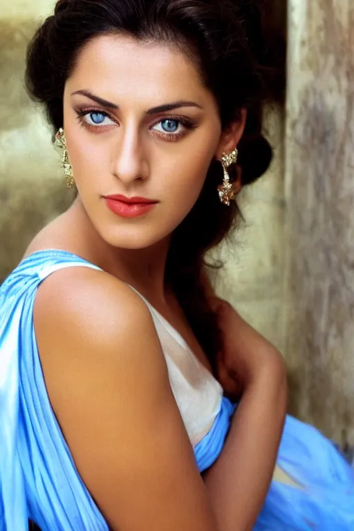 Prompt: young Monica Belluci as an Arab woman, tanned skintone, bright blue eyes, white veil, model face, light blue decent dress, closeup portrait, focus