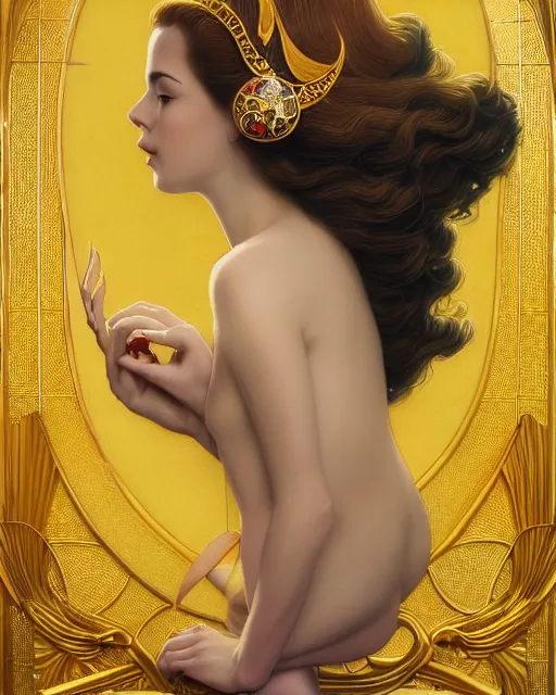 Image similar to a beautiful goldfish woman, pinup pose, long hair, tall and thin, wearing dozens of pendants and a gown of gold, small delicate crown of the sea on her head, illustration, symmetry accurate features, volumetric light clouds, ultra realist soft painting, (art nouveau), octane render, 8k, HD, by Tom Bagshaw, Brom, Charlie Bowater, faces by otto schmidt