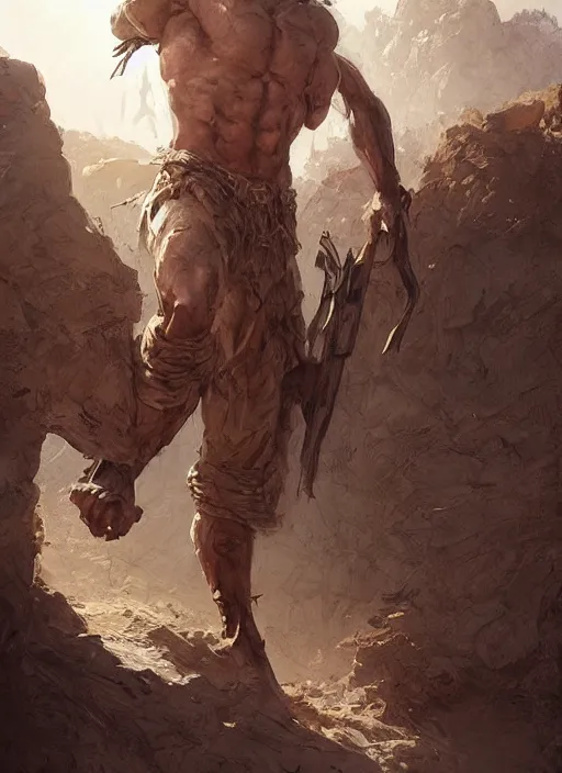 Image similar to detailed concept illustration, strong muscular older soldier roaming through desert, sharp focus, illustration, highly detailed, digital painting, concept art, matte, art by wlop and artgerm and greg rutkowski, masterpiece